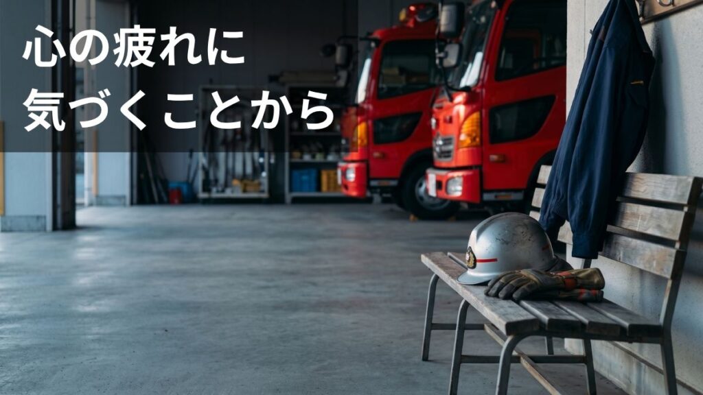 活動後の消防用ヘルメットと手袋が置かれた消防署内