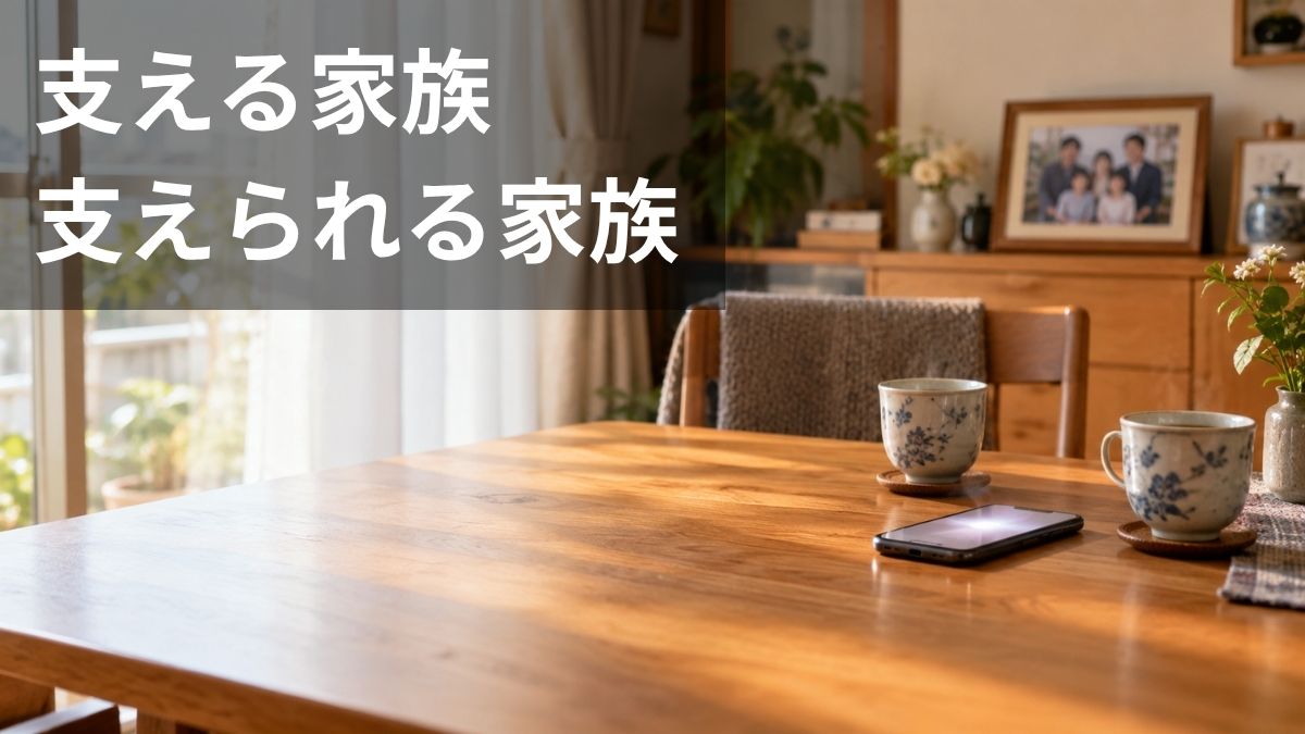 家族写真のそばに置かれた、メッセージを受信したスマートフォン