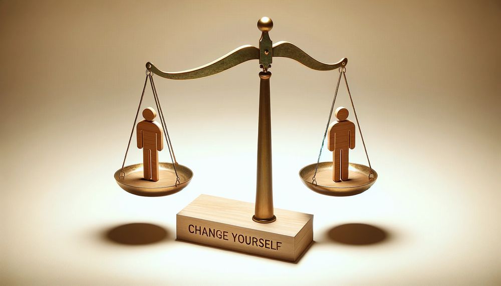 天秤の両側に「自分を変える」と「他人を変える」というテキストと人物のイラスト