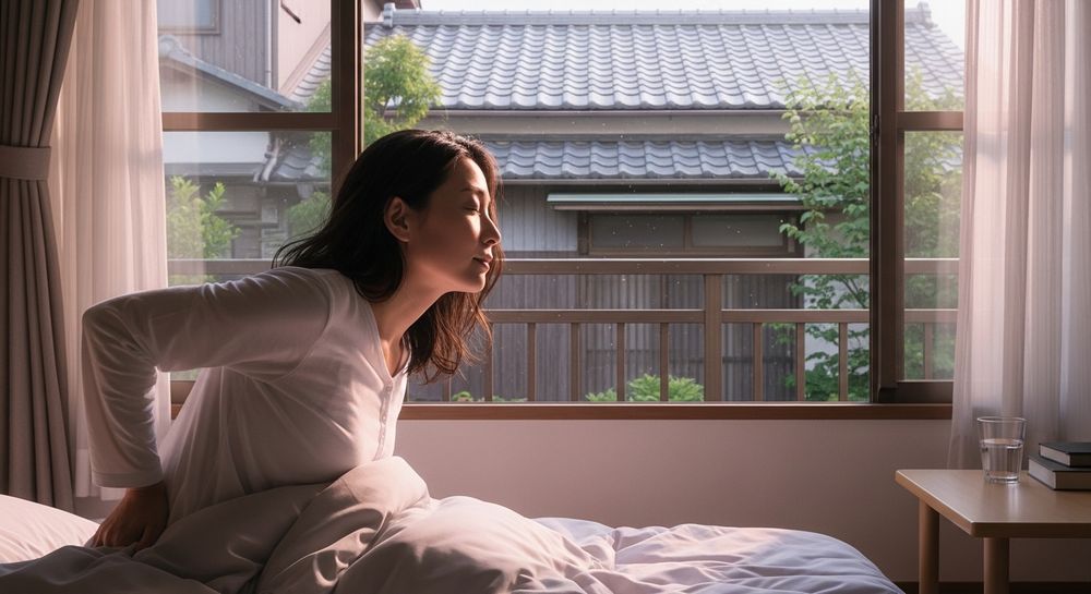 女性が朝日の中で、ベッドから起き上がろうとしている瞬間