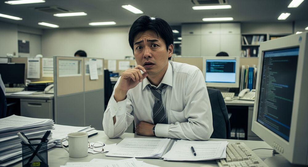 日本のサラリーマン(30代男性)がデスクに座っている。