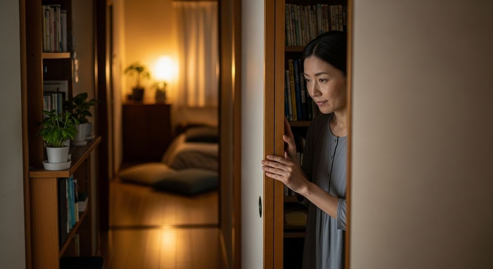 女性が自分の部屋のドアを静かに閉めている