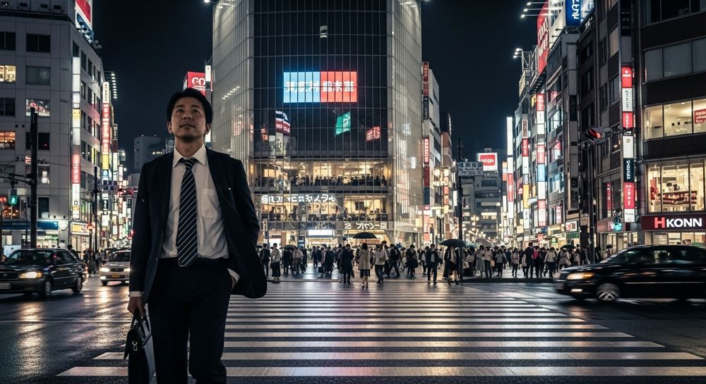 サラリーマンが東京の夜の街を歩いている