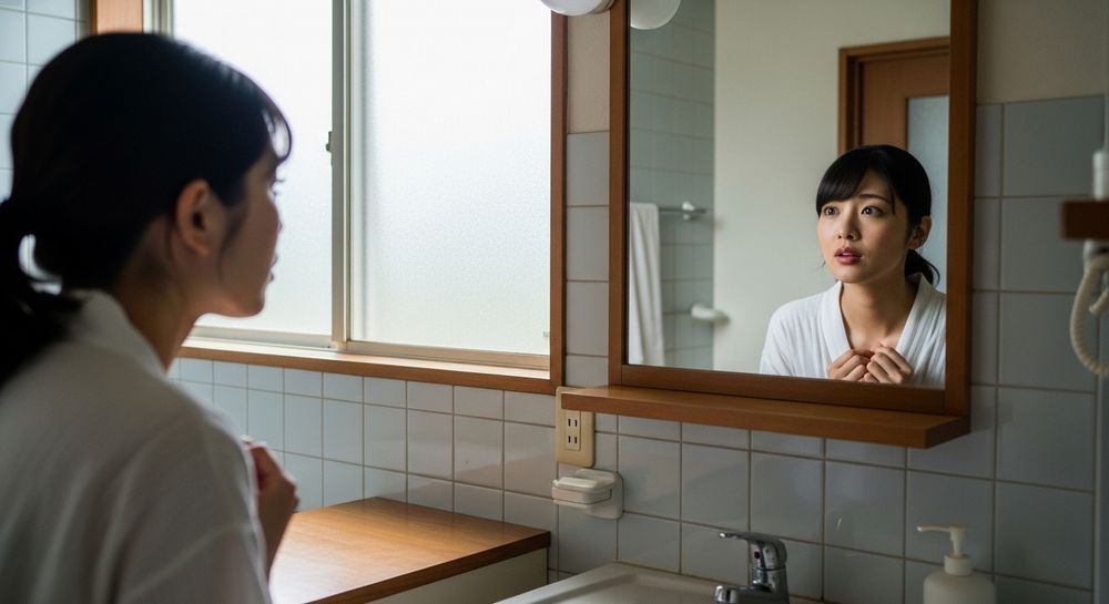 日本人女性が洗面台の前で鏡を見ている