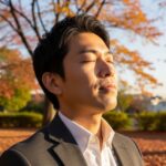 公園のベンチに座る30代日本人男性