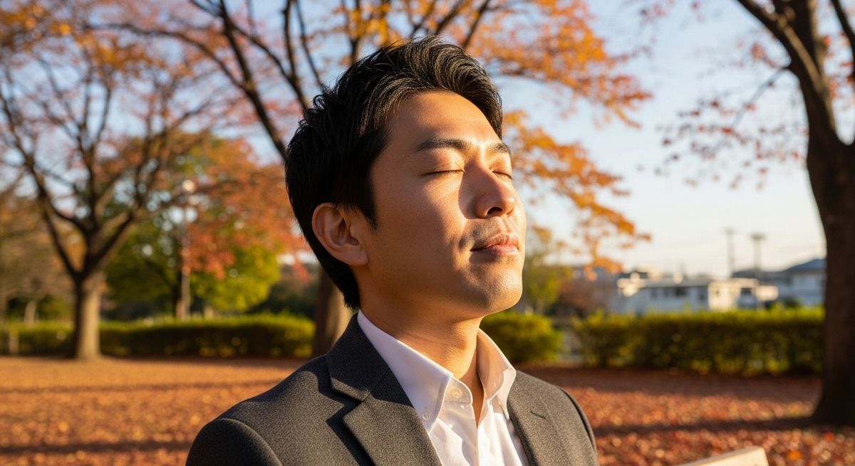 公園のベンチに座る30代日本人男性