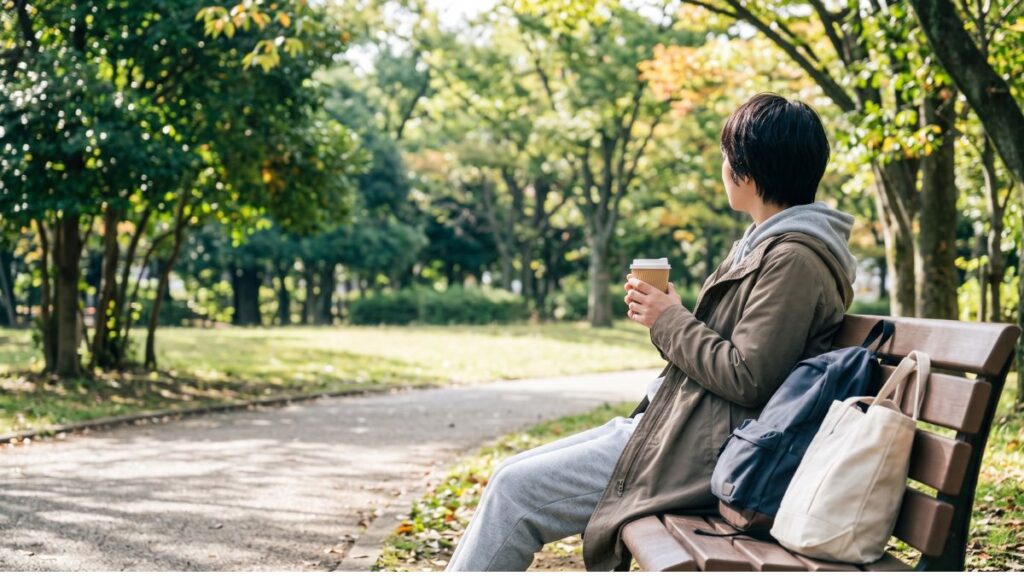 公園のベンチで静かに休む親の後ろ姿