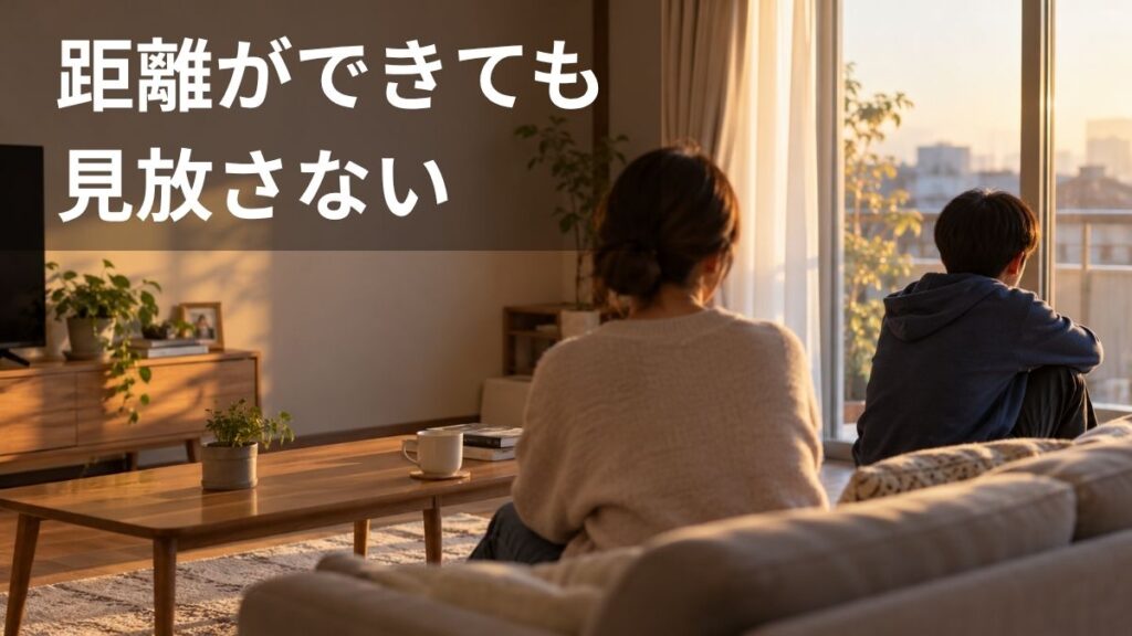 同じ部屋で少し距離を置いて過ごす親と反抗期の子ども