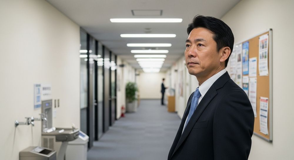 男性が職場の廊下で立ち止まっている