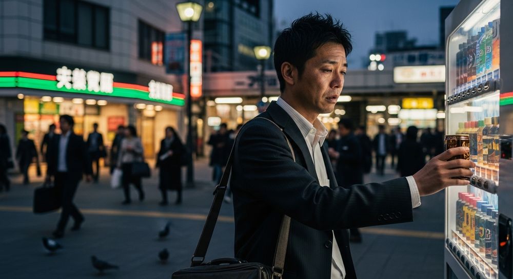 男性が自動販売機の前に立ち、缶コーヒーを買おうとしている