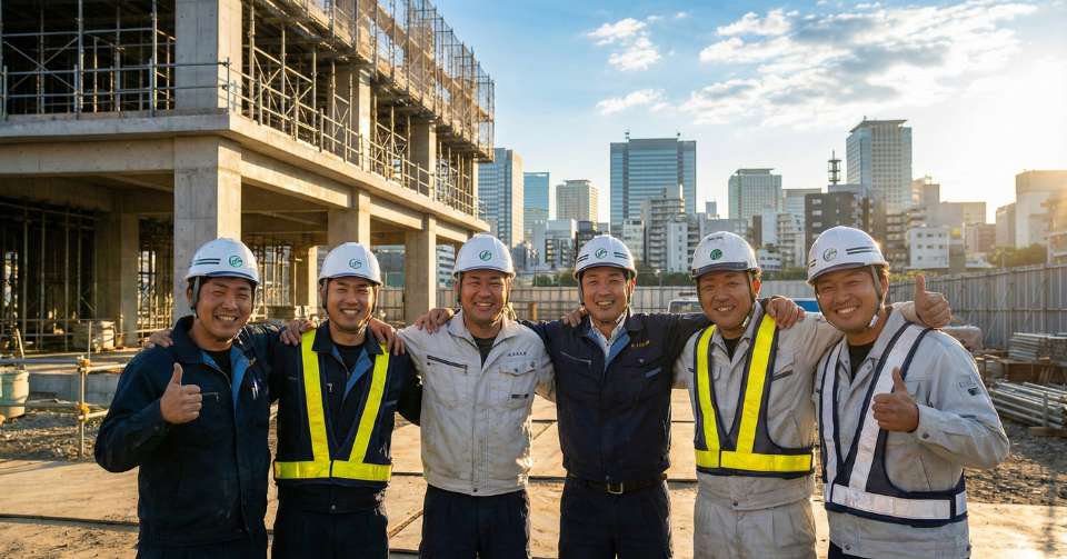 建築現場で一致団結する作業員たち