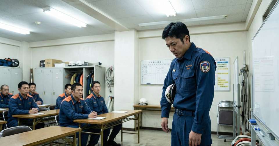 会議で叱責される消防士