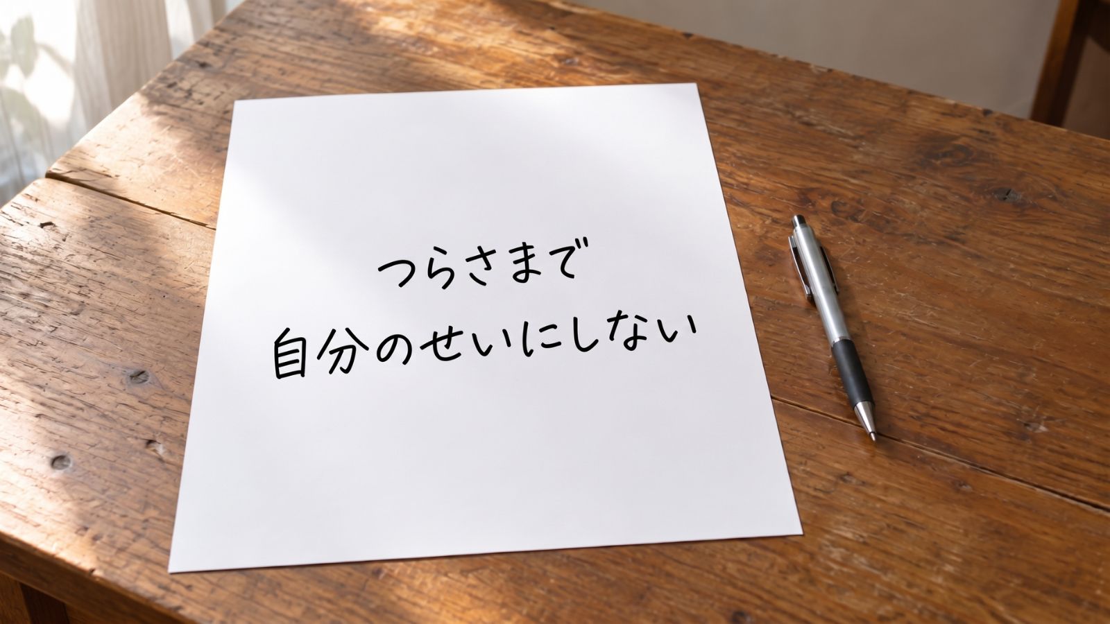 「つらさまで、自分のせいにしない」と書かれた白い紙