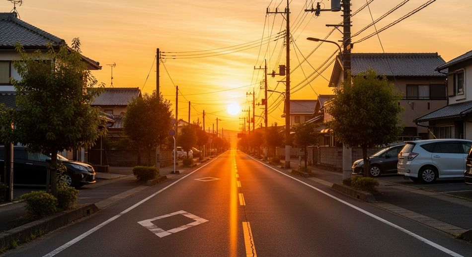 住宅街に朝日が登る風景
