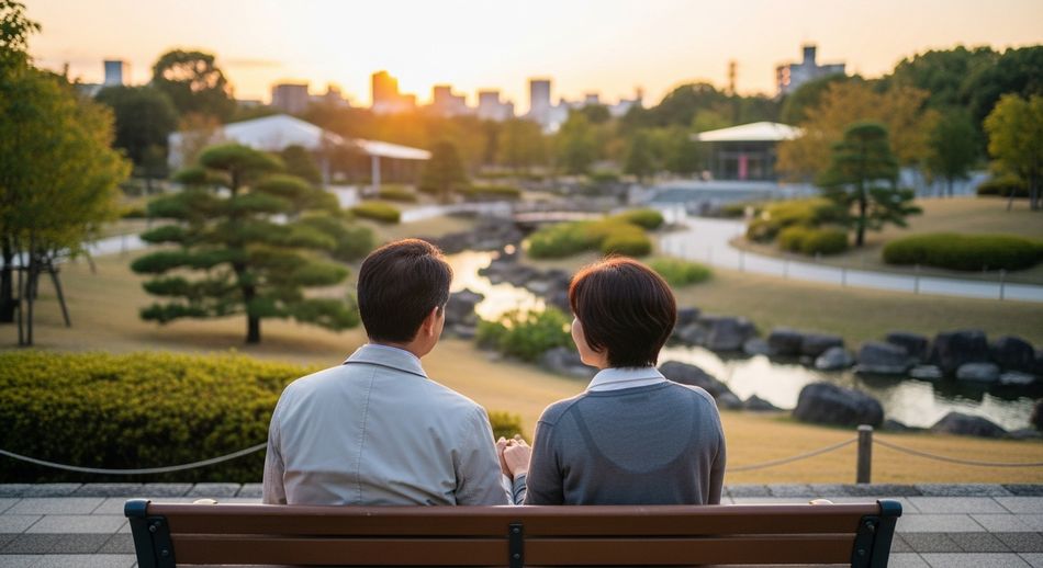 講演のベンチに座る夫婦の後ろ姿
