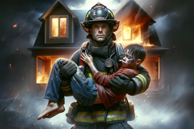 火災現場から少年を救出する消防士