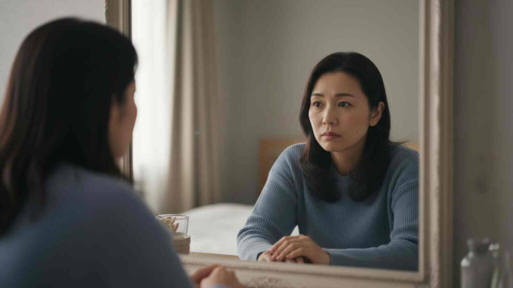 鏡に向かって自分を見つめる女性