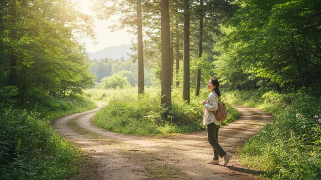 分かれ道に立つ女性