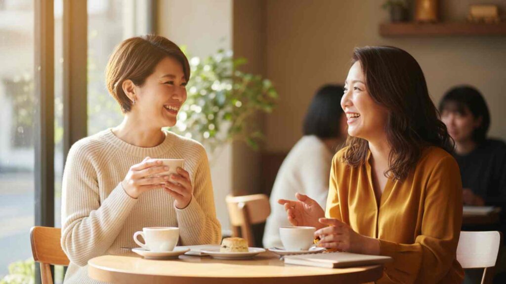 喫茶店で談笑する二人の女性