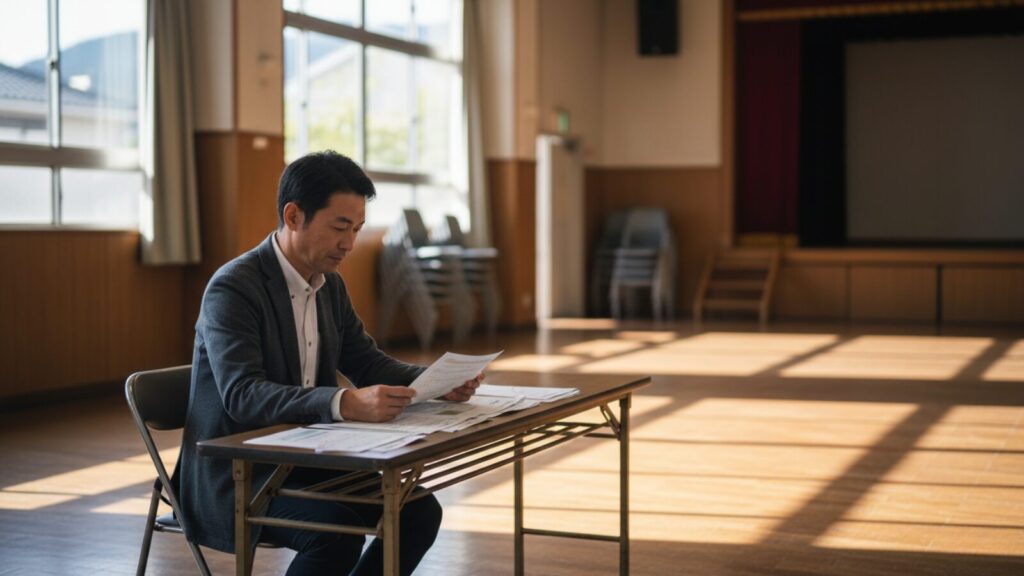 講演が終わったあとアンケートに目を通す男性