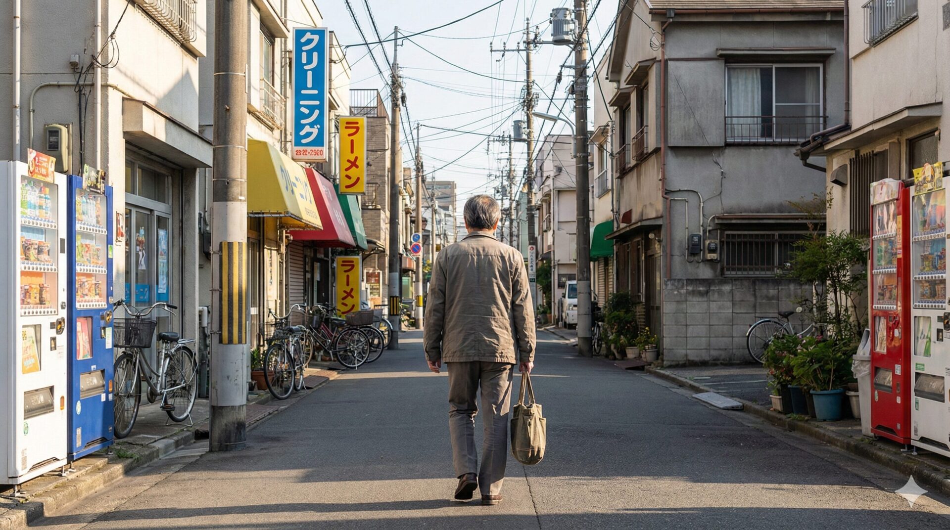 町中の道をあるく中年男性の後ろ姿