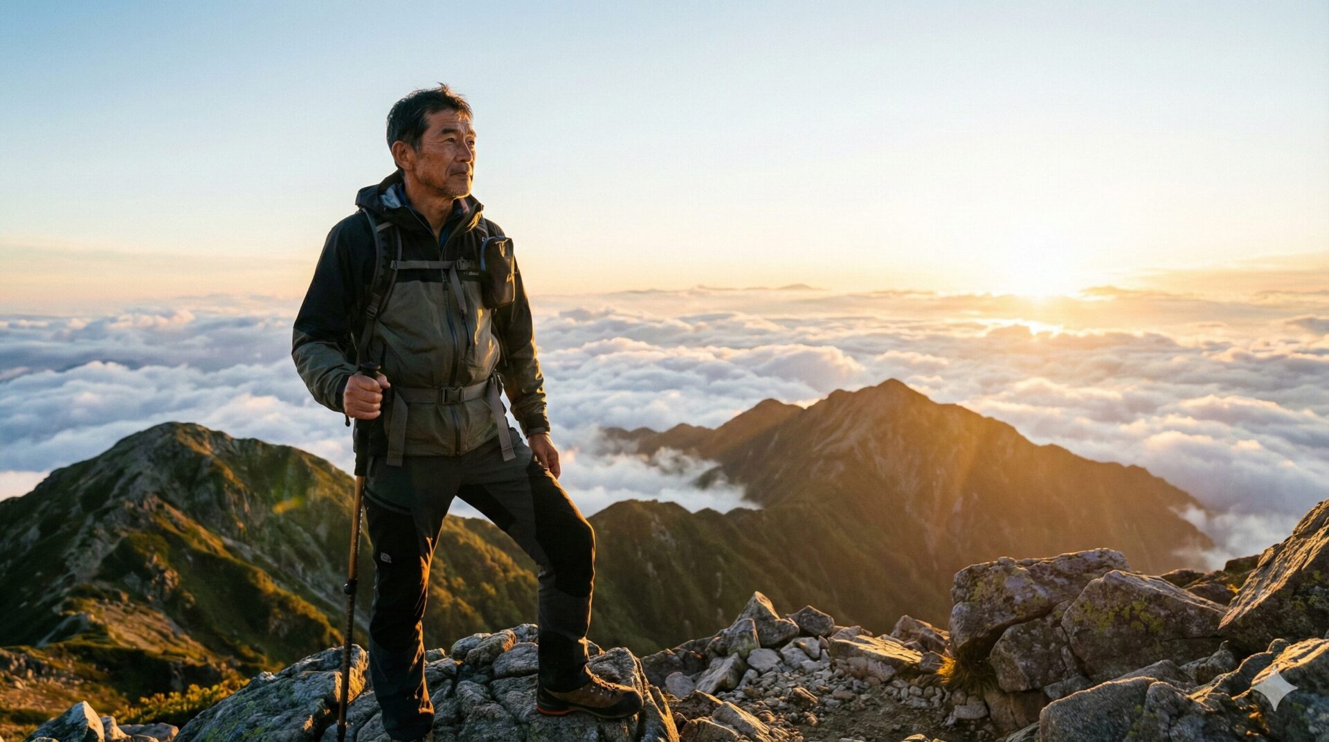 登山に挑戦して頂上から風景をみる男性