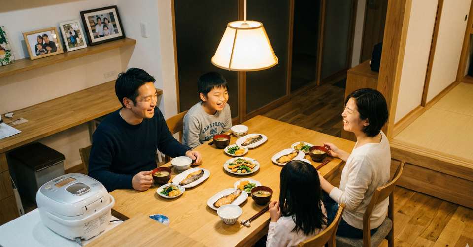 一家団らんで夕食を食べる親子