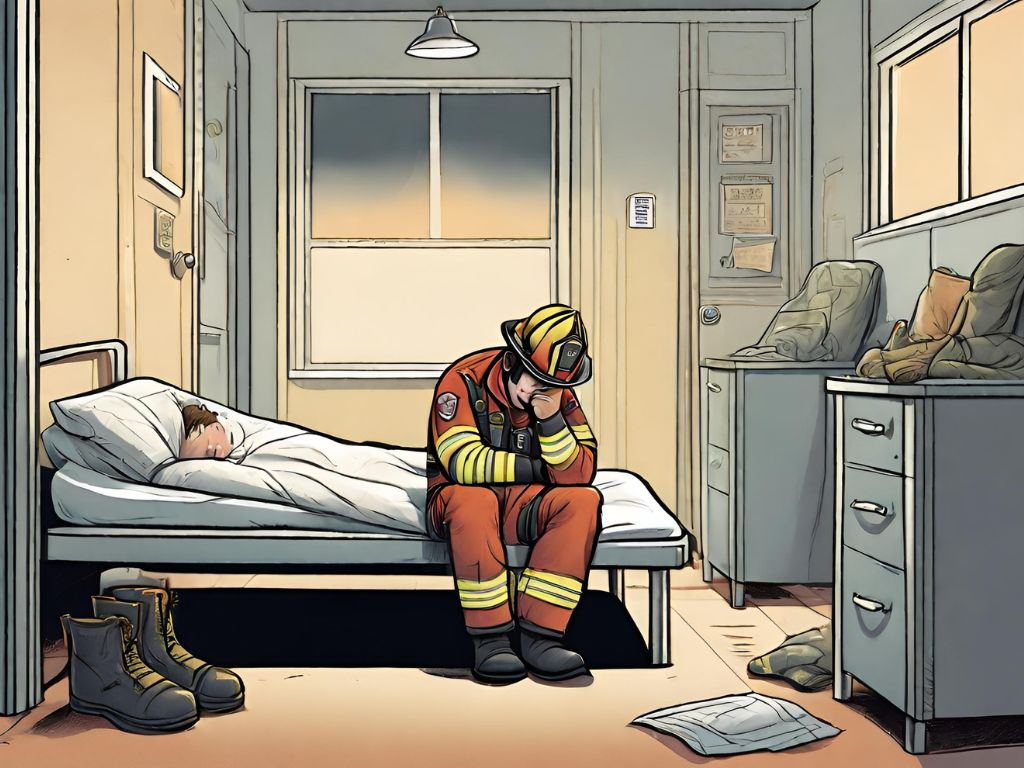 仮眠室で思いにふける消防士