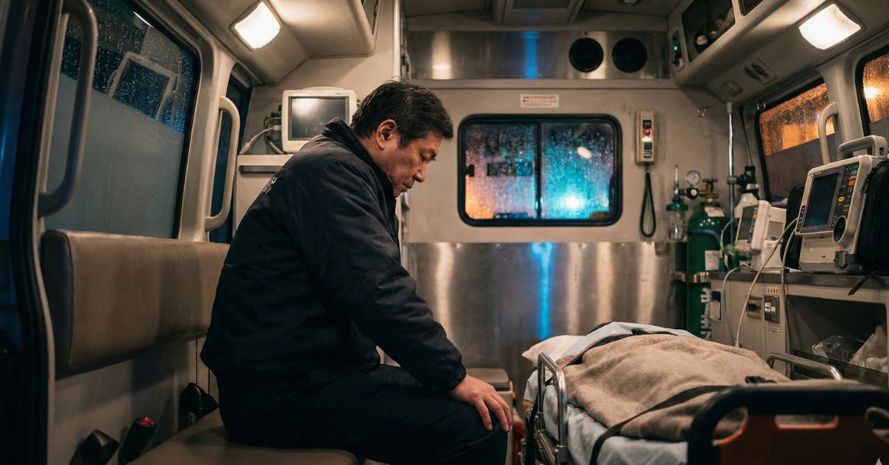 救急車に収容された妻を心配そうに見守る夫