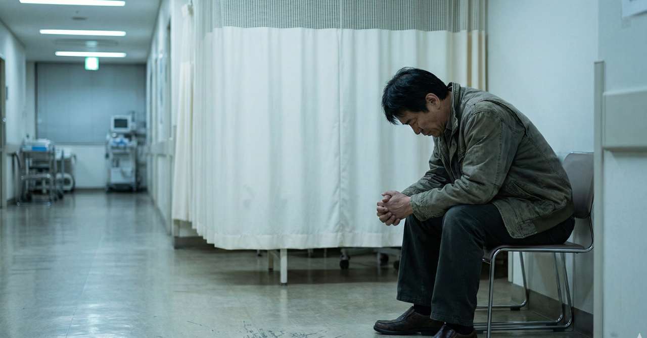 妻が眠るベッドのそばで妻を心配する夫