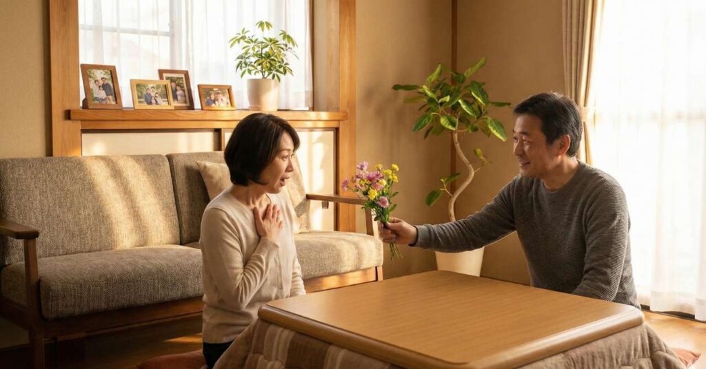 妻に感謝の花束を渡す夫