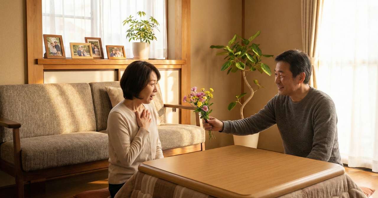 妻に感謝の花束を渡す夫