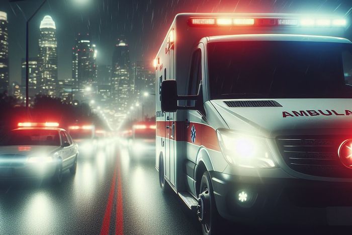 夜の町を走る救急車のイラスト