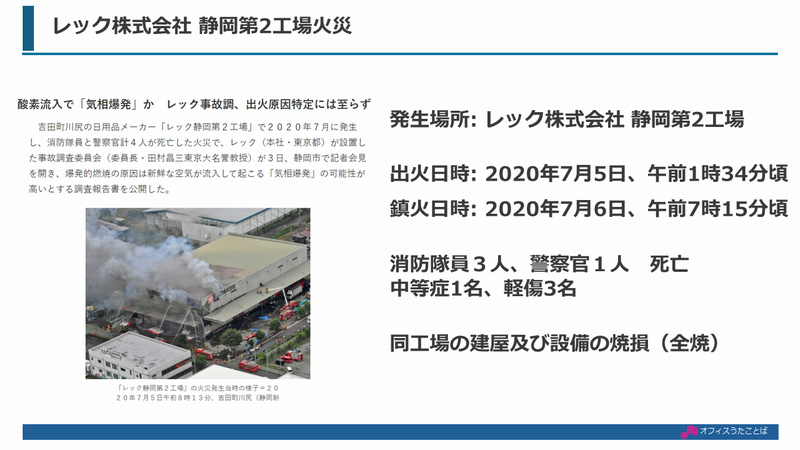 レック株式会社の静岡第二工場火災の記事