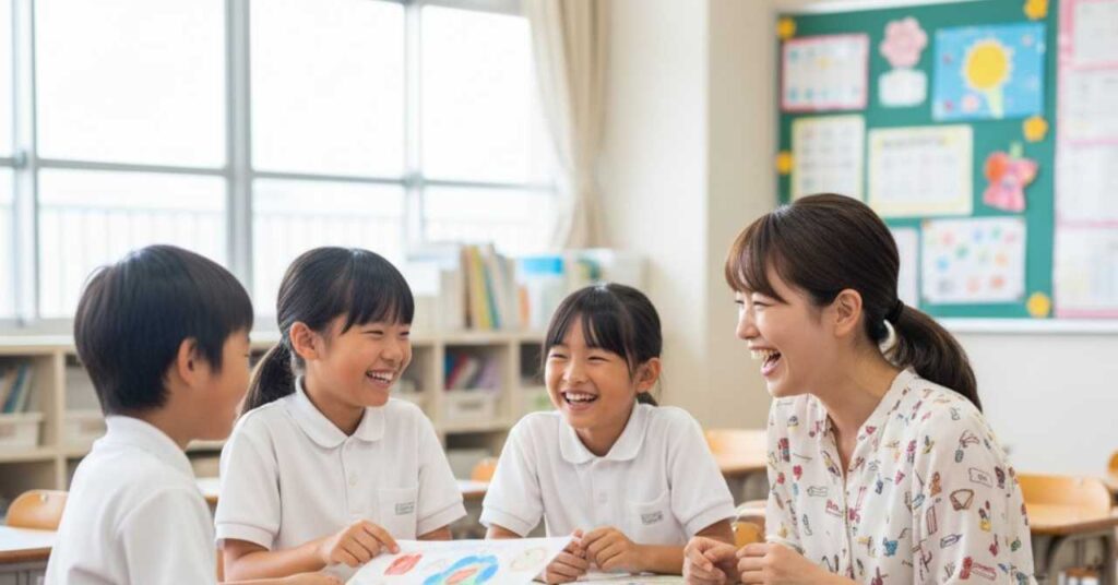 談笑する先生と小学生