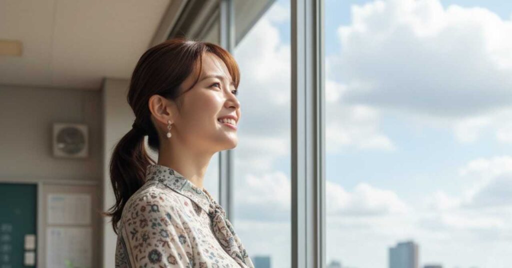 教室から窓外を笑顔で眺める女性教師