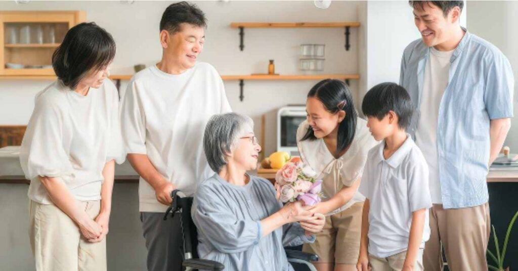 家族へ感謝の花束を渡す画像