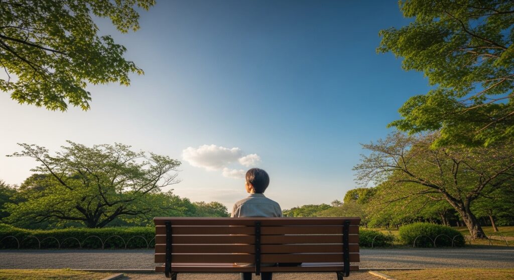 講演で空を見上げる青年