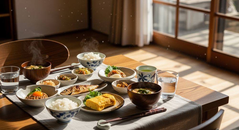 日本の朝食が並ぶテーブル