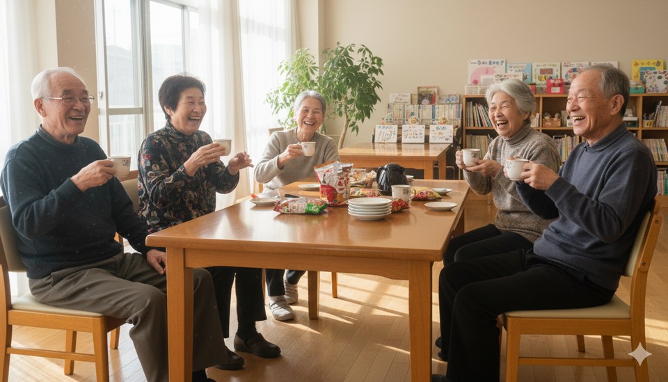 高齢者がテーブルを囲んで笑顔で談笑している画像