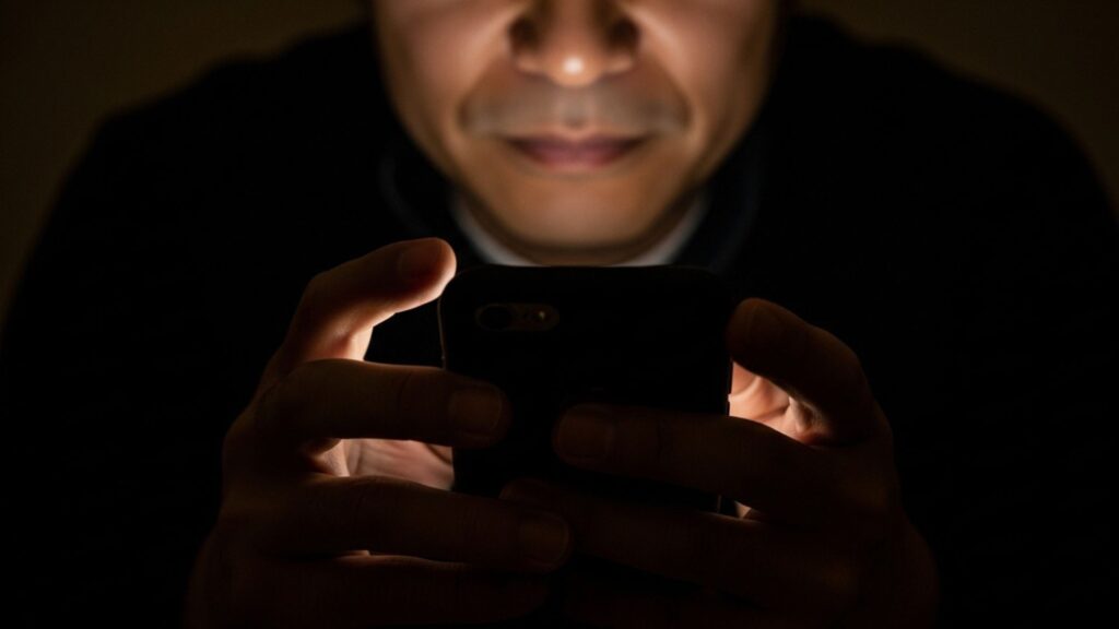 携帯を見つめる男性