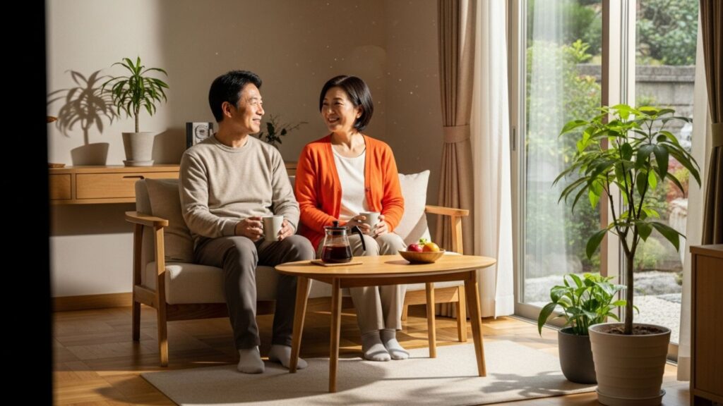 笑顔で話す夫婦