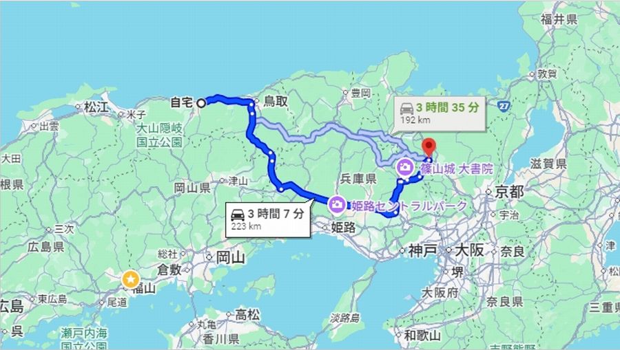 湯梨浜町から京丹波町までの行程地図