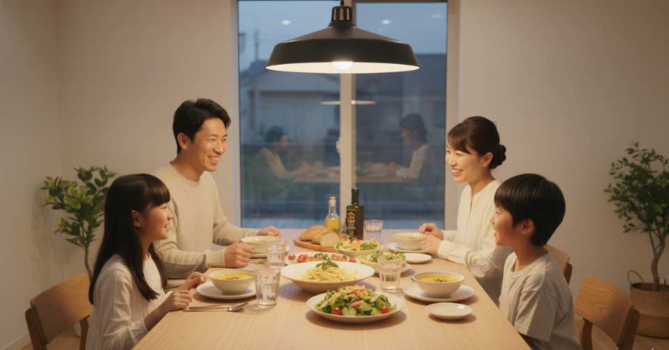 親子が楽しく夕食を食べる風景