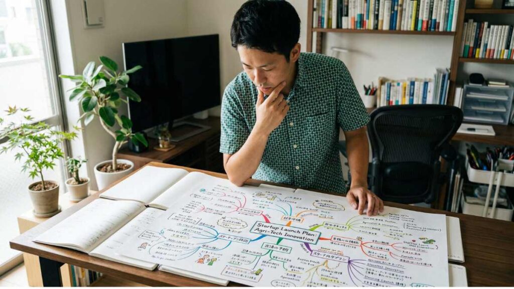 マインドマップで自分の半生を俯瞰している男性
