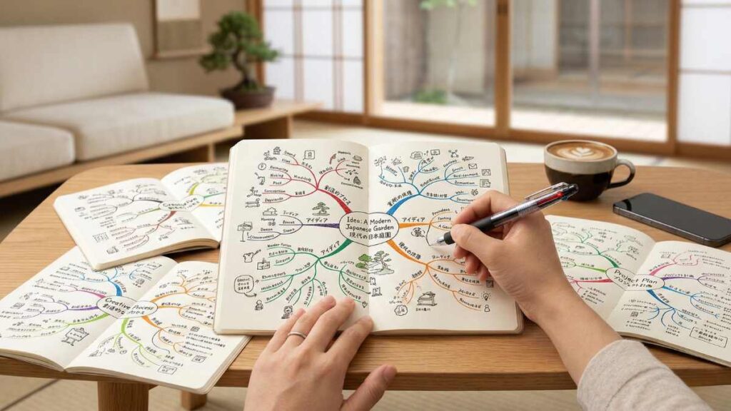 ノートにマインドマップを描いているところ
