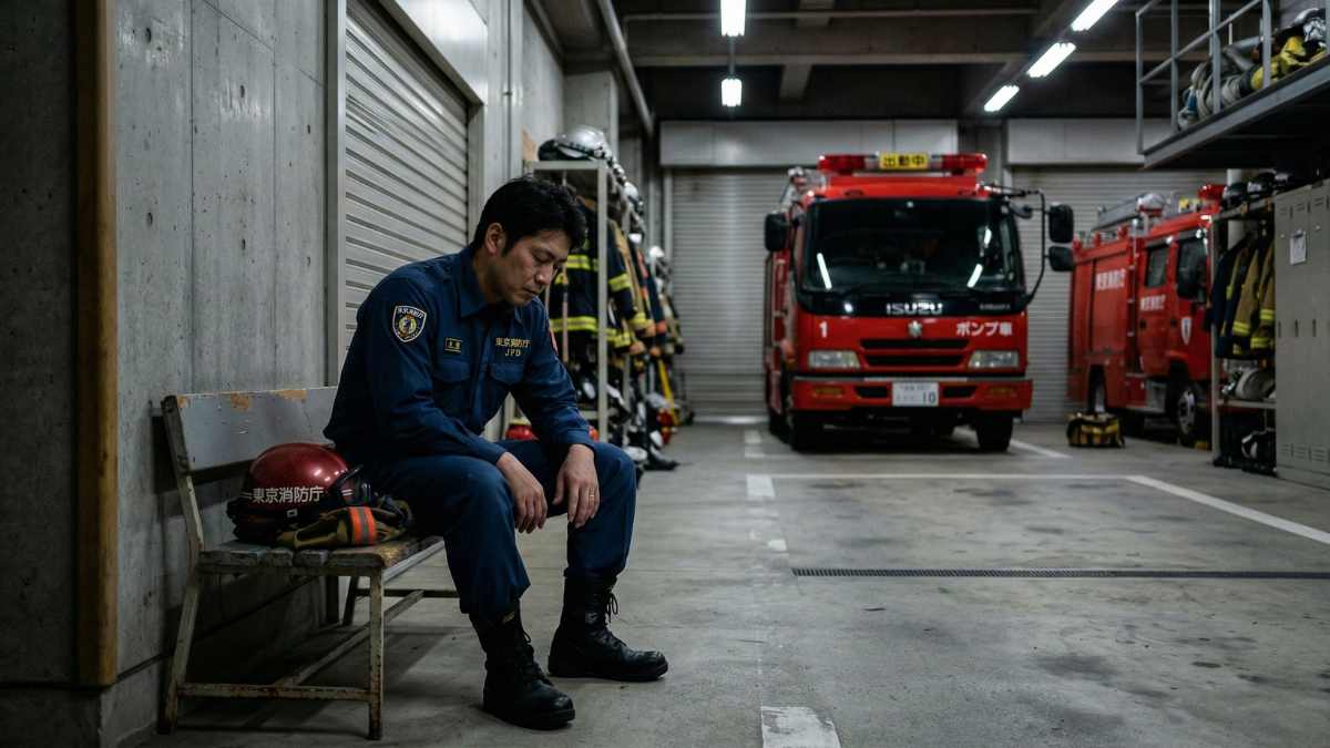 消防署の車庫で悩んでいる消防士