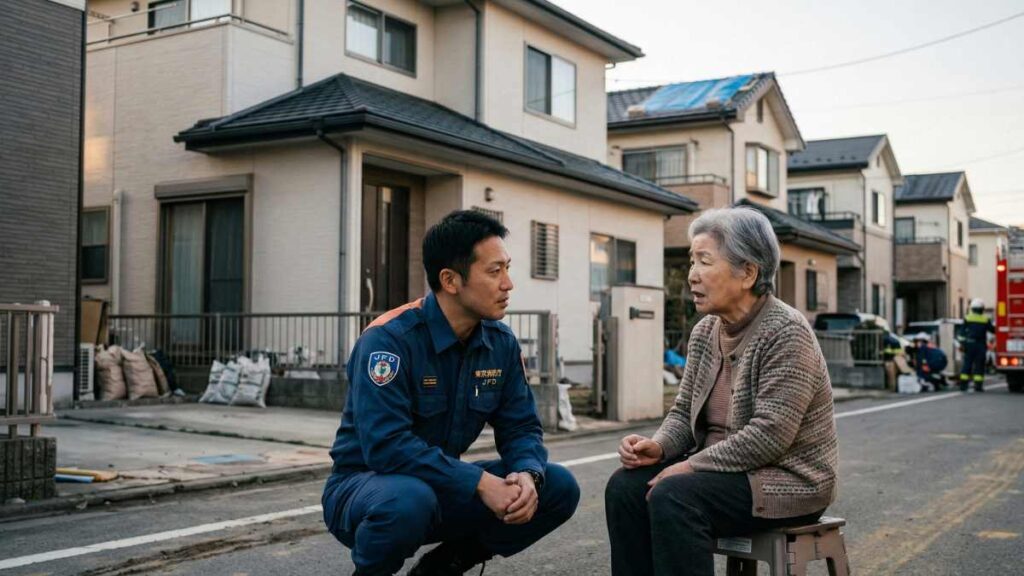 消防士が高齢者の女性に話しかけている