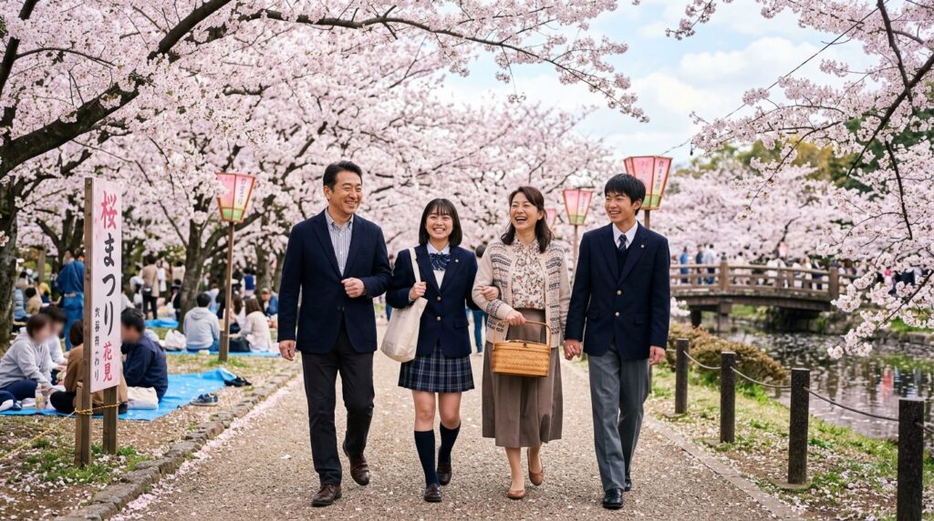 桜の花見をする家族