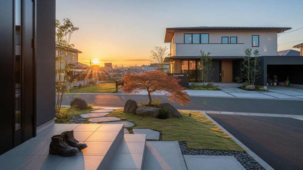 夜明けの住宅の玄関先